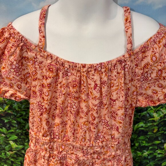 Pink Floral Foliage Off-The-Shoulder Whimisical Tiered Swing Dress Girls SKU:94G - Picture 2 of 5